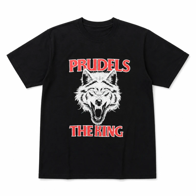 PRUDELS Kaos Reguler Hitam Premium - Artikel The King - T-Shirt Distro Streetwear Unisex Cotton 24S Sablon Plastisol Awet Desain Serigala R
