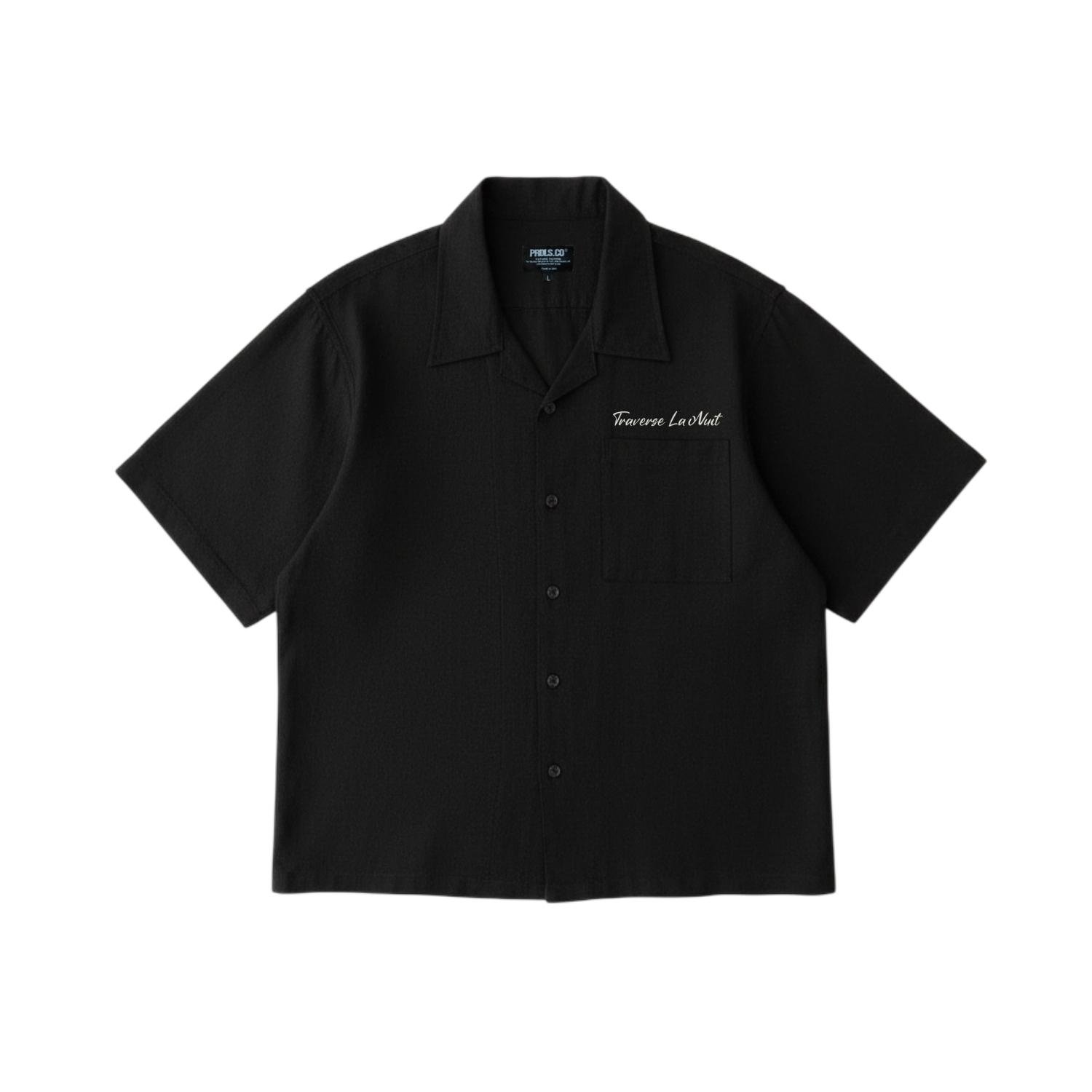 Kemeja Boxy Hitam dan Hijau Unisex PRUDELS Linen Angel Premium Nyaman Kerah Rebah Lengan Pendek M-XXL