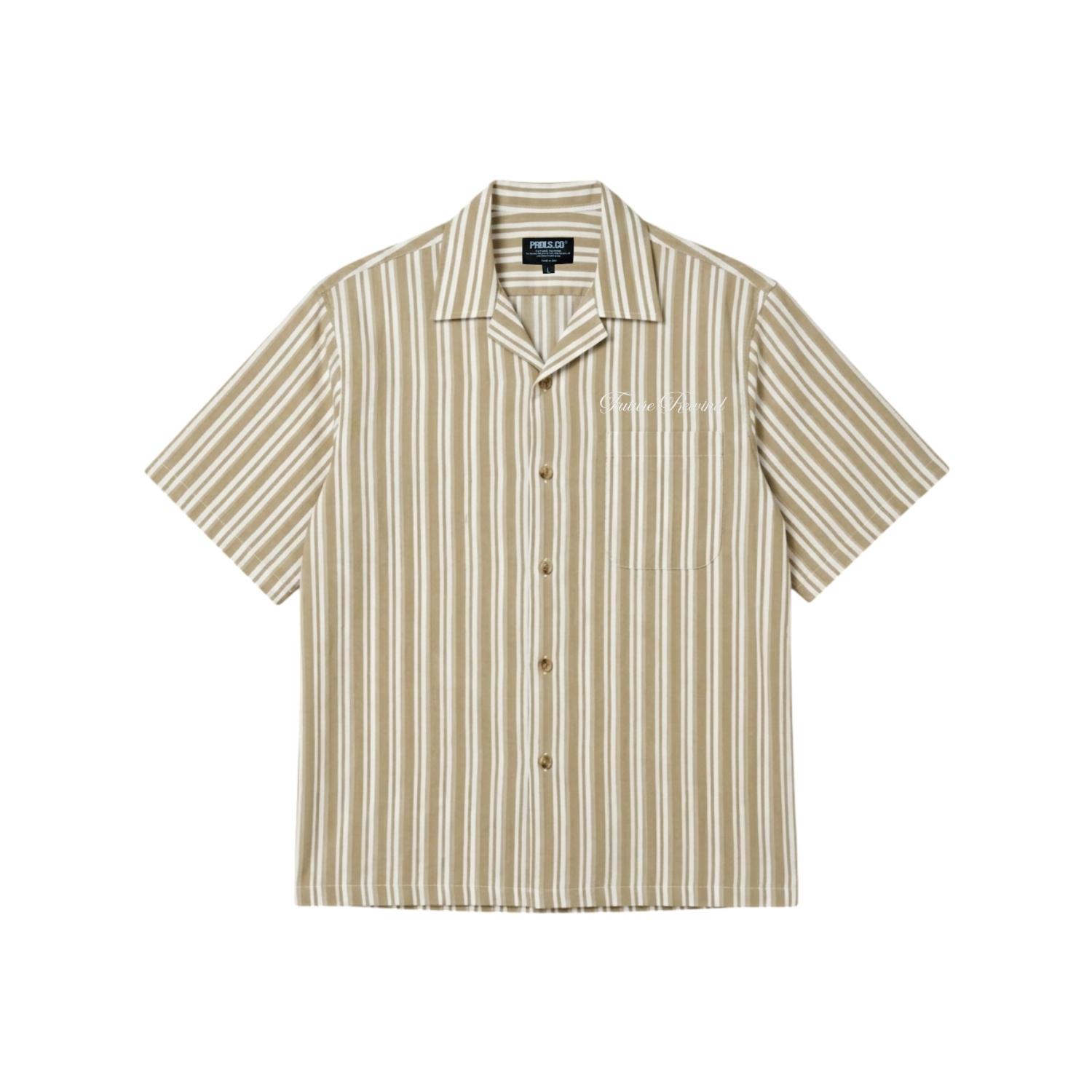 Kemeja Navy Khakhi Stripe Belang Unisex PRUDELS Linen Premium Nyaman Lengan Pendek M-XXL foto 3