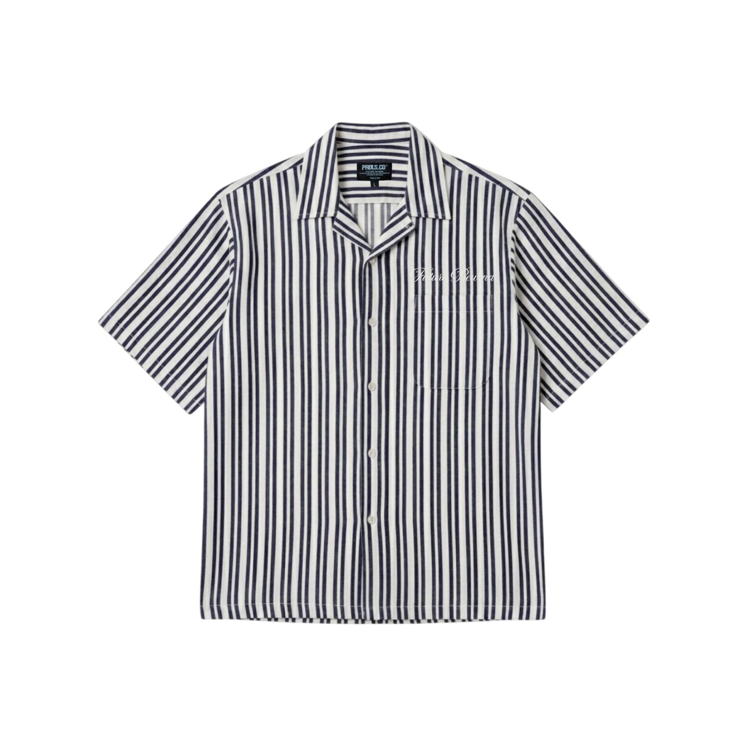 Kemeja Navy Khakhi Stripe Belang Unisex PRUDELS Linen Premium Nyaman Lengan Pendek M-XXL