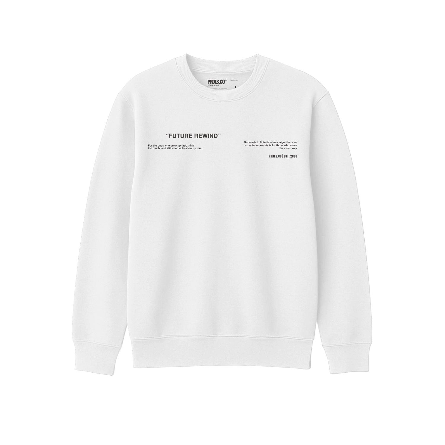 PRUDELS Crewneck FUTURE REWIND - Sweater Pria Minimalis Putih White Cotton Fleece Premium