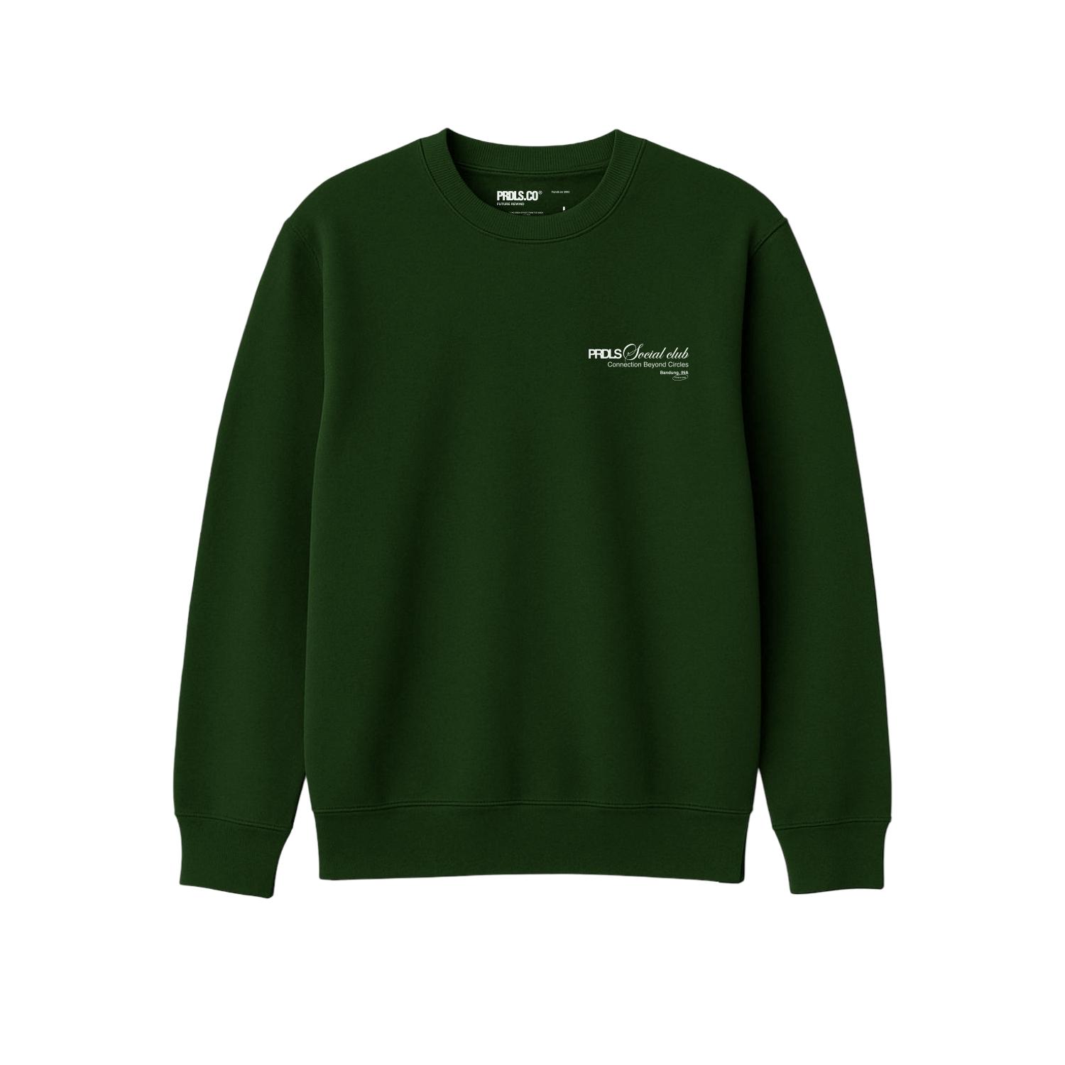 PRUDELS Crewneck Social Club - Sweater Pria Minimalis Hijau Botol Green Cotton Fleece Premium
