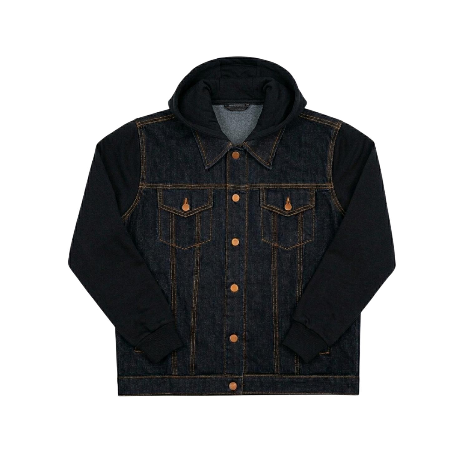 Prudels Denim Jacket Hooded – Jaket Jeans Kombinasi Lengan Hoodie Fleece