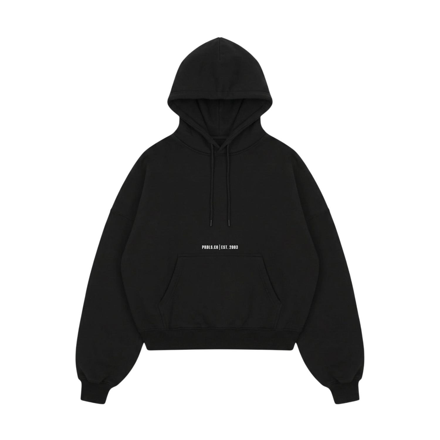 PRUDELS Hoodie Boxy — Artikel Rise Black — Gothic Script Screen Printing — Premium Heavyweight Cotton Fleece 330 Gsm foto 2