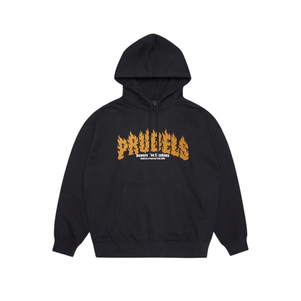PRUDELS — Hoodie Streetwear — Artikel Fireflame Black — High-Density Screen Printing — Fleece Cotton 330 Gsm Heavyweight
