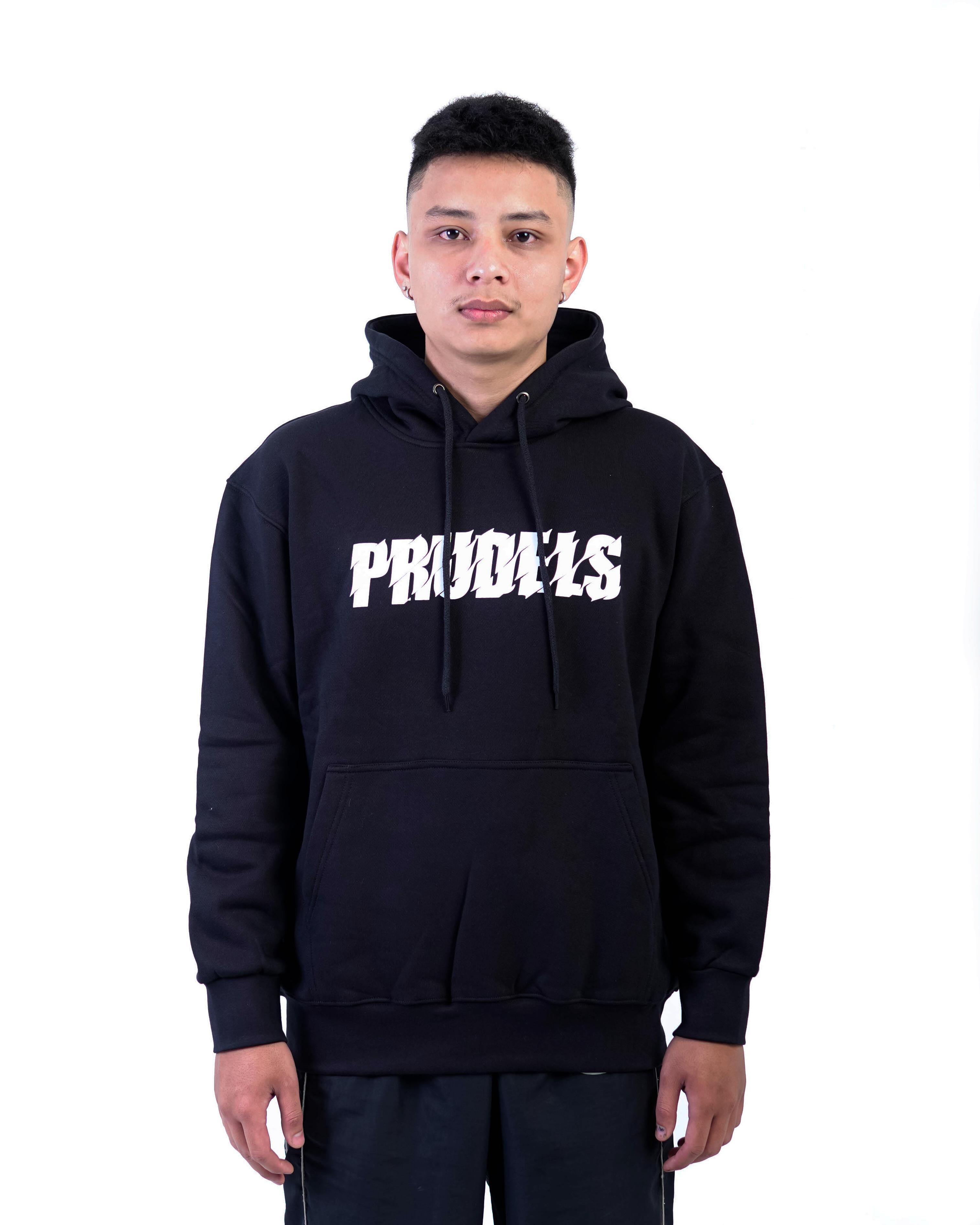 PRUDELS — Hoodie Streetwear — Artikel Sliced Black — Sliced Logo High Density — Fleece Cotton 330 Gsm Heavyweight Premium foto 3