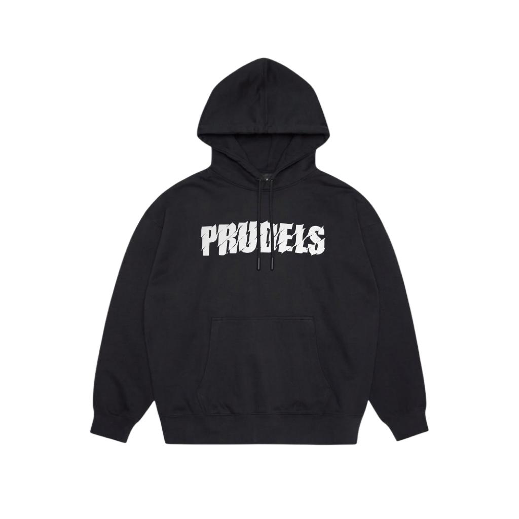 PRUDELS — Hoodie Streetwear — Artikel Sliced Black — Sliced Logo High Density — Fleece Cotton 330 Gsm Heavyweight Premium