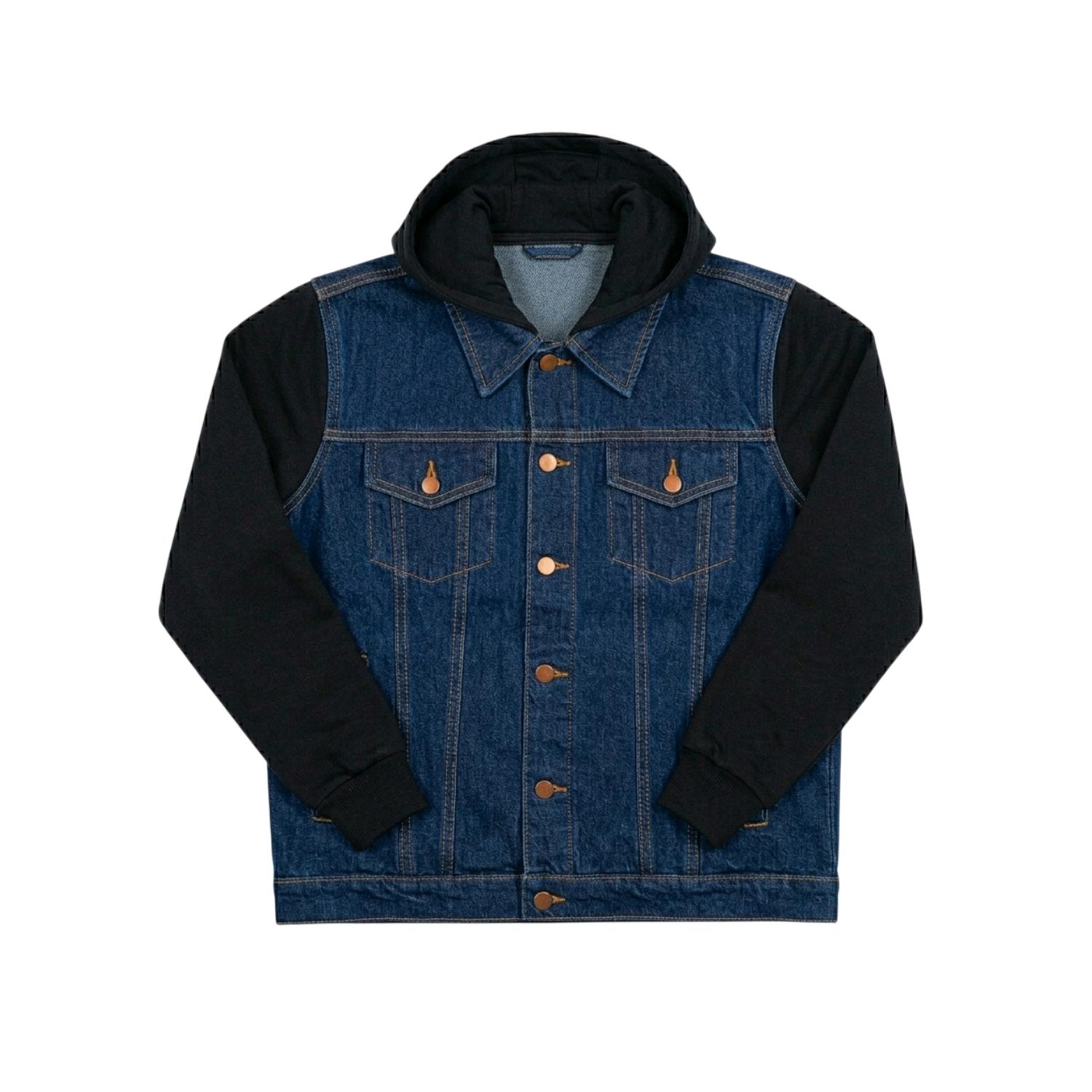 Prudels Jaket Denim Hoodie Pria - Jaket Jeans Lengan Hitam Fleece - Hoodie Denim Baseball Distro Original