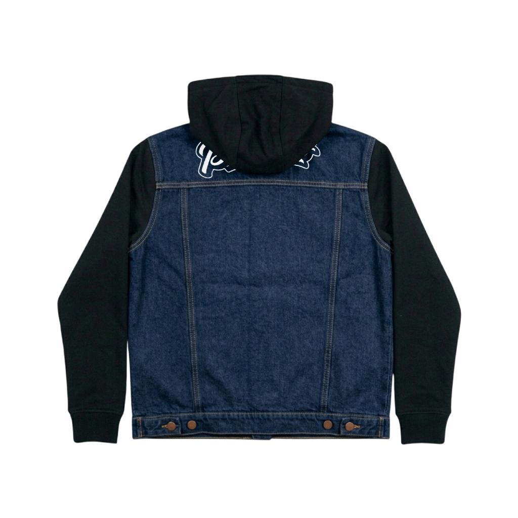 Prudels Jaket Denim Hoodie Pria - Jaket Jeans Lengan Hitam Fleece - Hoodie Denim Distro Back Logo foto 2
