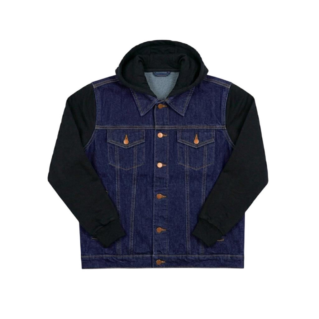 Prudels Jaket Denim Hoodie Pria - Jaket Jeans Lengan Hitam Fleece - Hoodie Denim Distro Back Logo