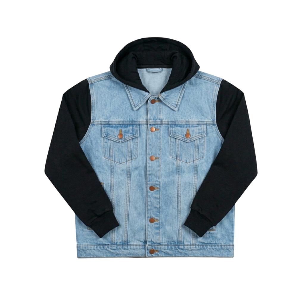 Prudels Jaket Denim Hoodie Pria Official Series - Jaket Jeans Lengan Hitam Fleece - Hoodie Denim Distro Original foto 2