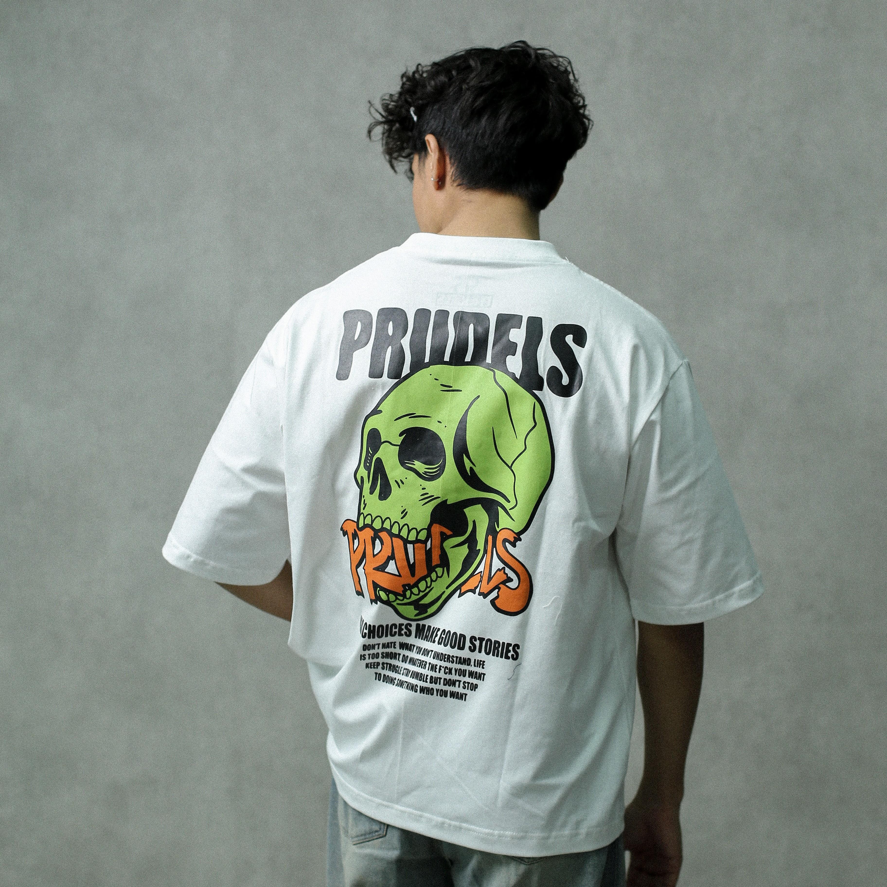 Prudels Kaos Oversize Boxy Putih Unisex - Premium Streetwear Distro - Artikel Green Skull - T-Shirt Full Cotton 16s Tebal Nyaman foto 4