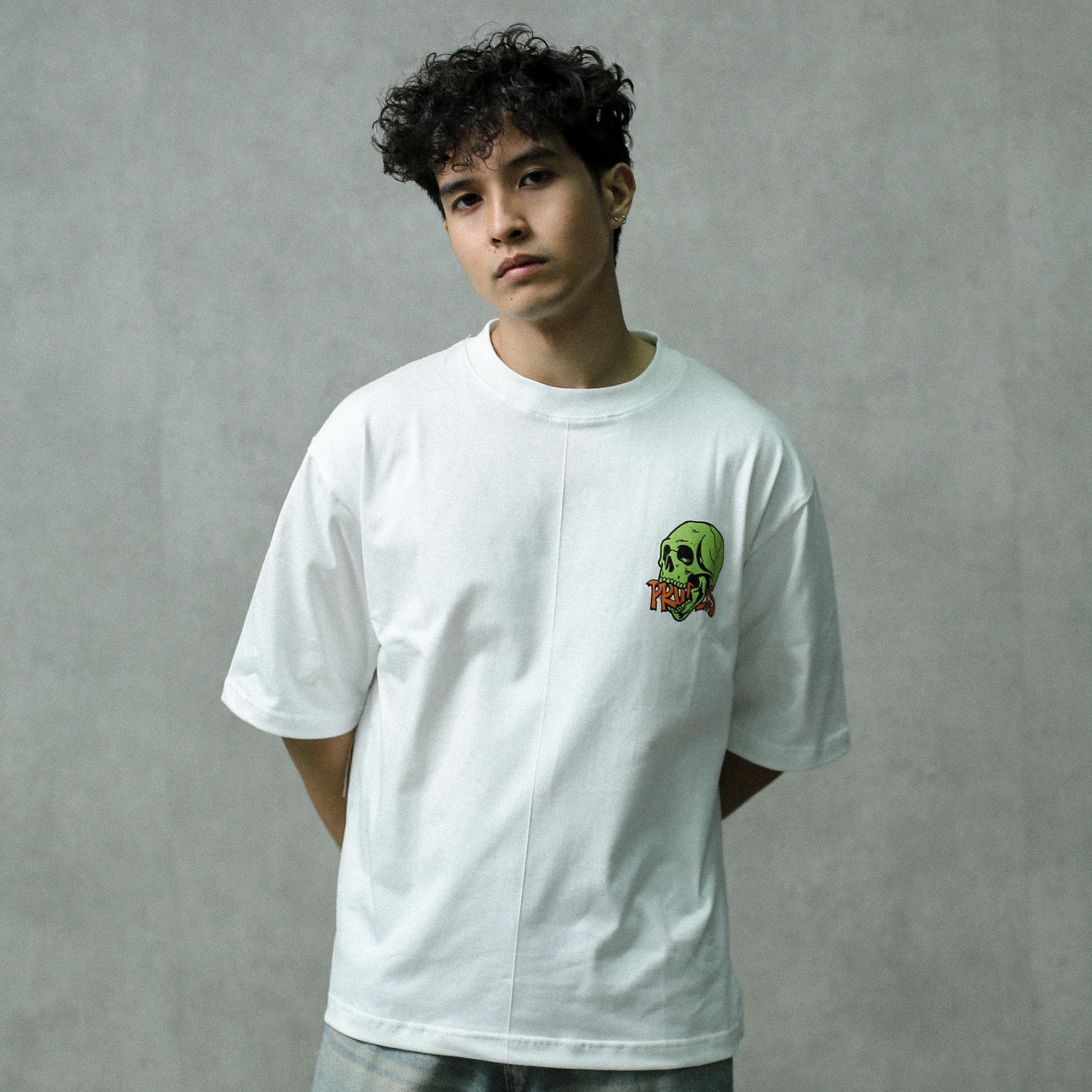 Prudels Kaos Oversize Boxy Putih Unisex - Premium Streetwear Distro - Artikel Green Skull - T-Shirt Full Cotton 16s Tebal Nyaman foto 5