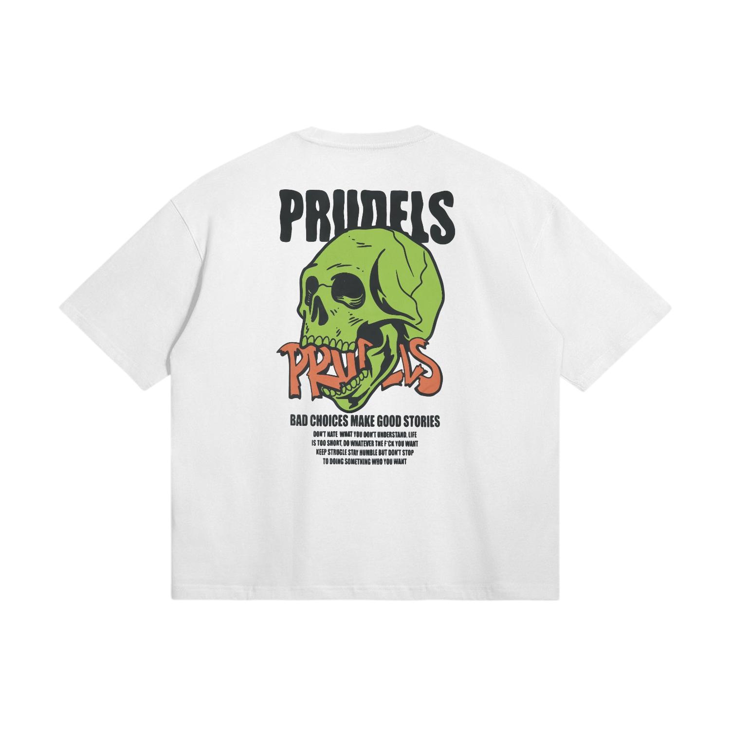 Prudels Kaos Oversize Boxy Putih Unisex - Premium Streetwear Distro - Artikel Green Skull - T-Shirt Full Cotton 16s Tebal Nyaman