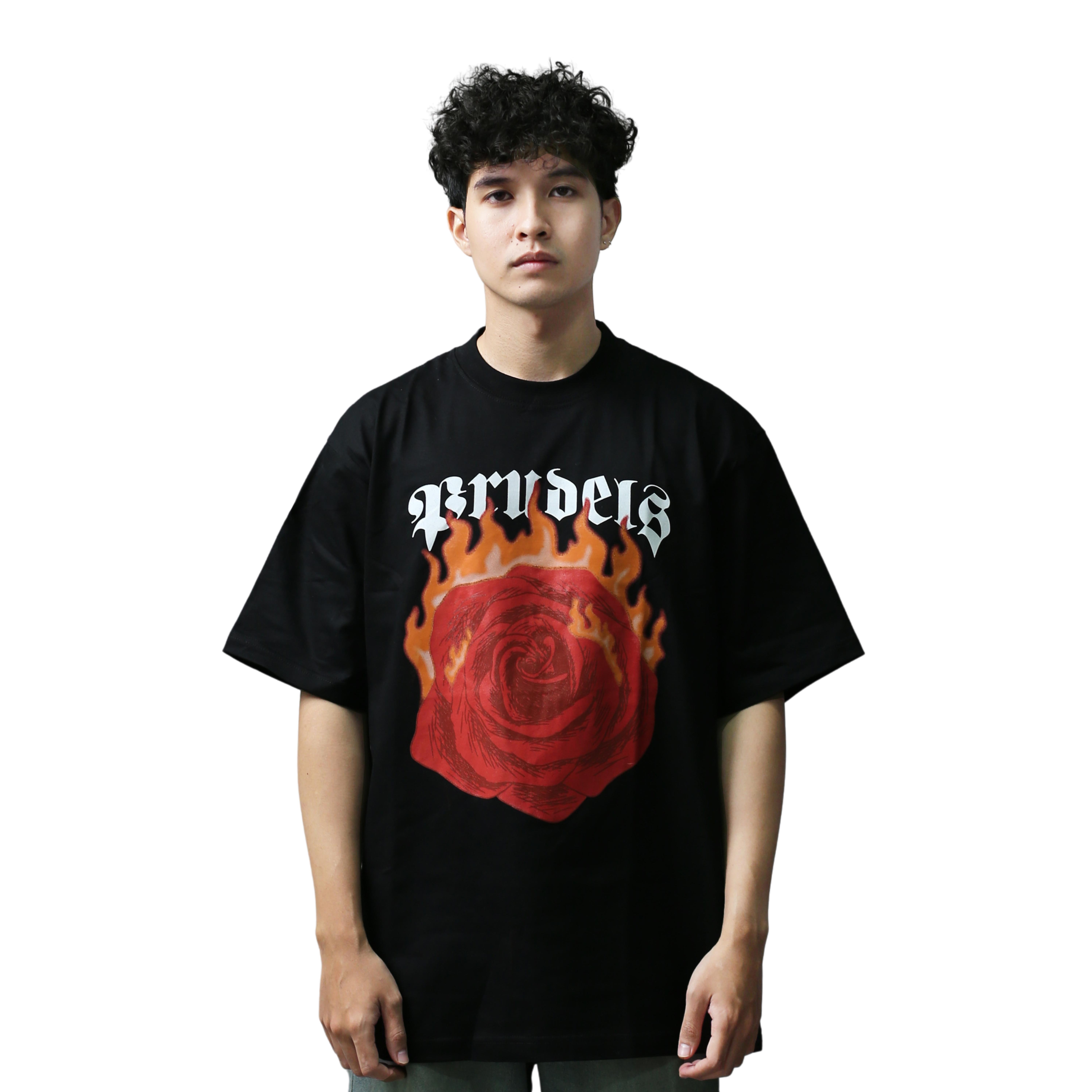 PRUDELS Kaos Oversize Hitam Unisex Premium Distro Streetwear - Artikel Flame - Full Cotton 16s Tebal & Kokoh foto 3
