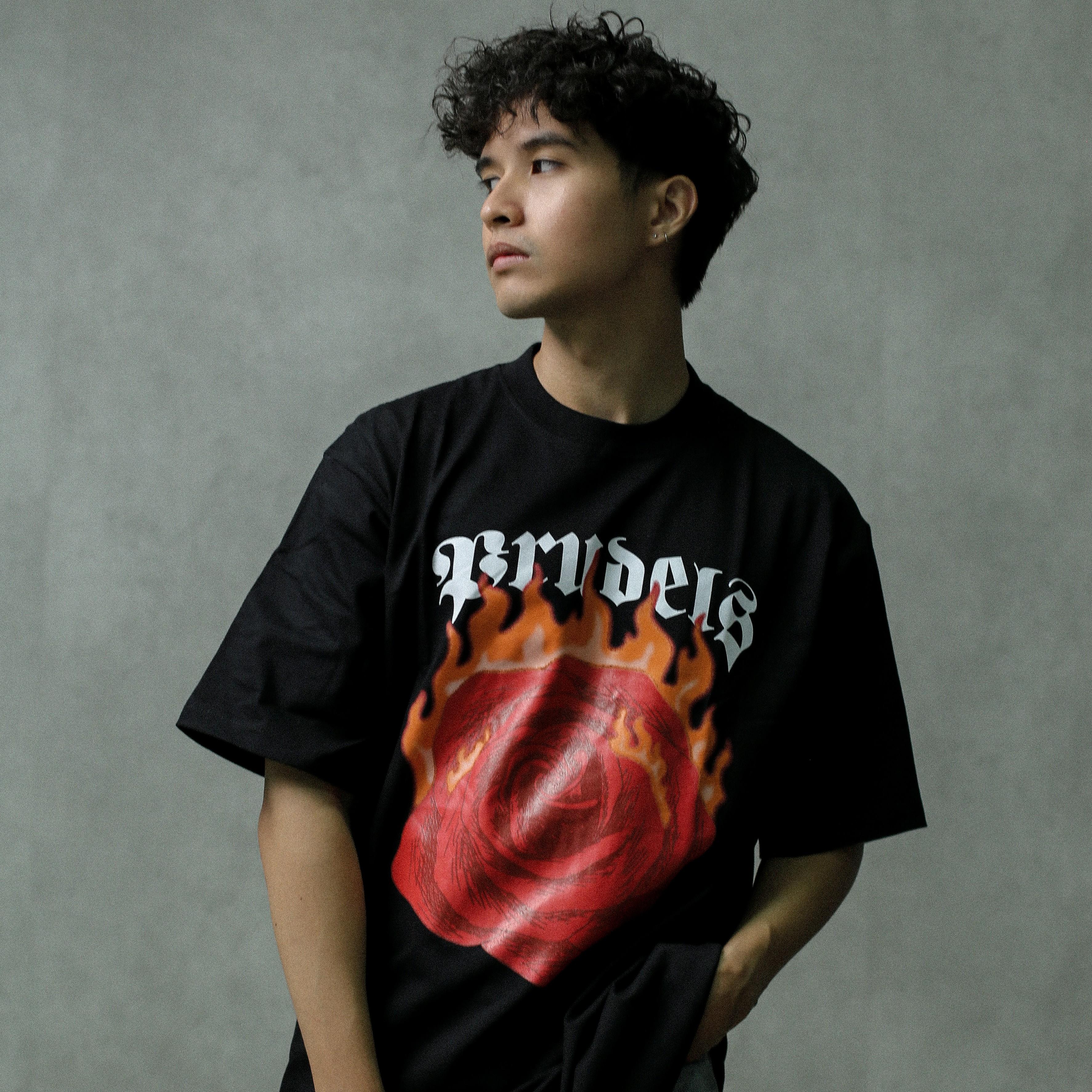 PRUDELS Kaos Oversize Hitam Unisex Premium Distro Streetwear - Artikel Flame - Full Cotton 16s Tebal & Kokoh foto 4