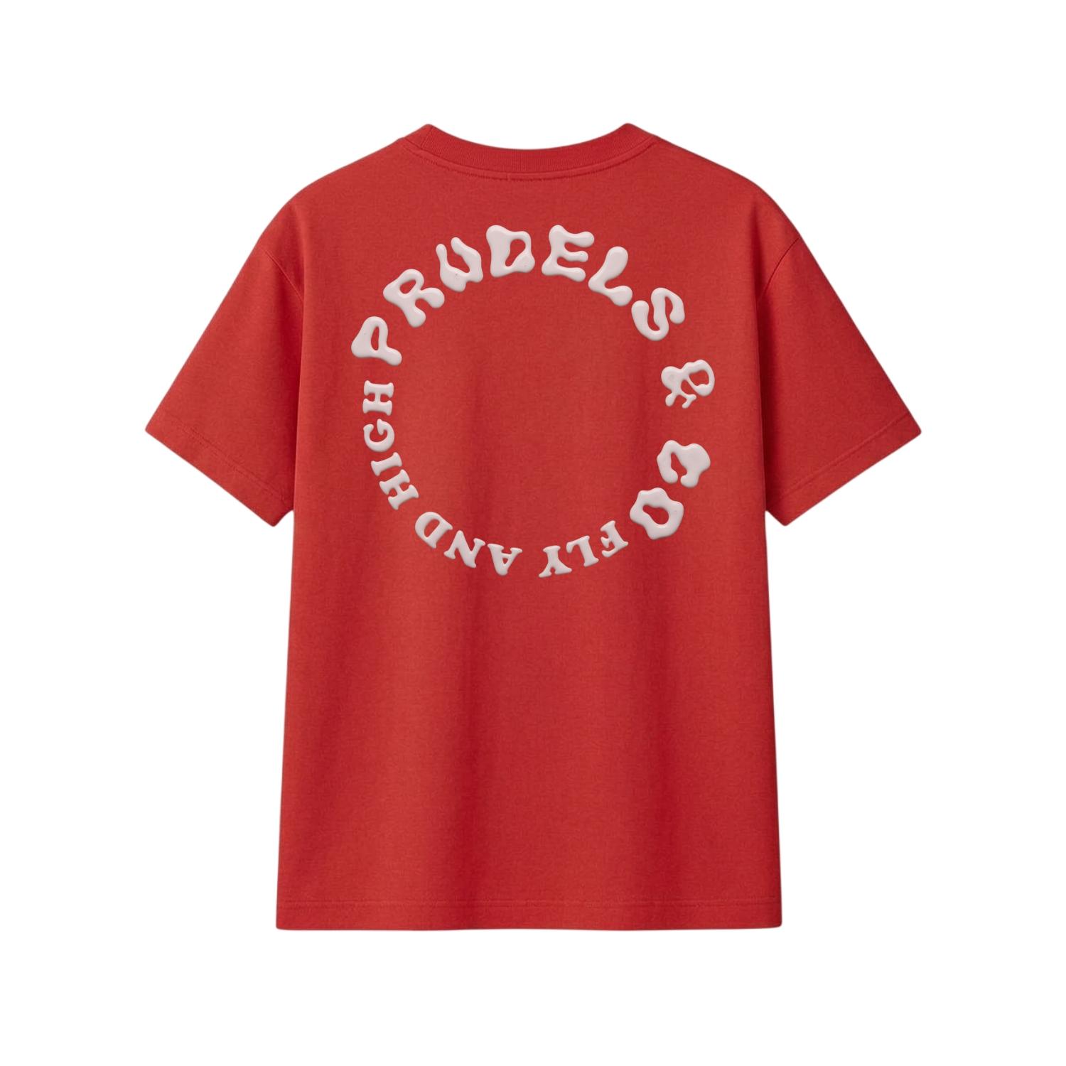 PRUDELS Kaos Reguler Merah Premium - Artikel Fly High - T-Shirt Distro Streetwear Unisex Cotton 24S Bahan Nyaman Sejuk