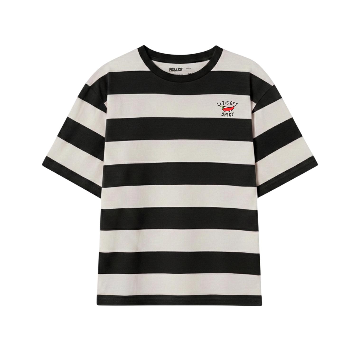 PRUDELS Kaos Salur Spicy T-Shirt Stripe Hitam Putih Pria Wanita Cotton Combed 24s