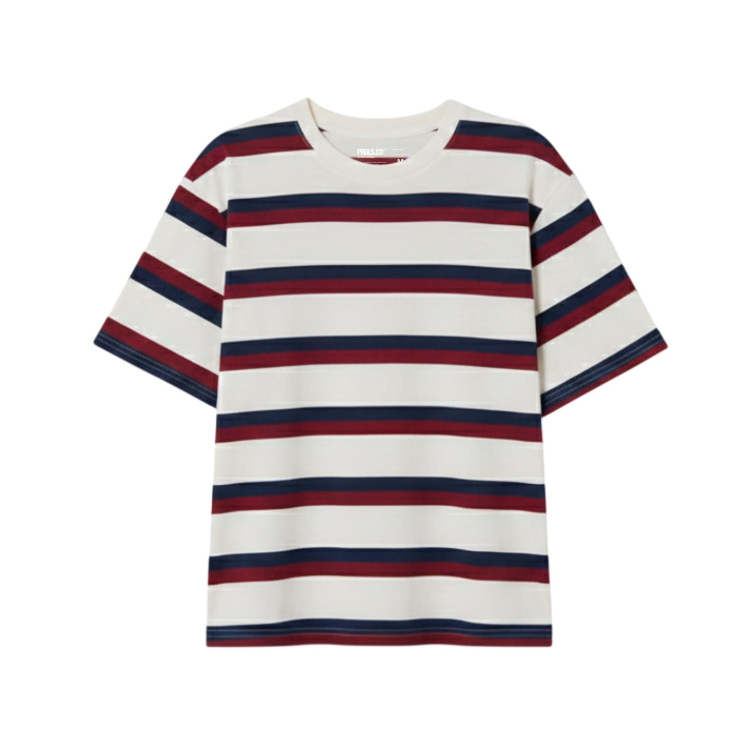 PRUDELS T-Shirt Stripe Simply Kaos Salur Maroon Navy Cotton Combed 24s